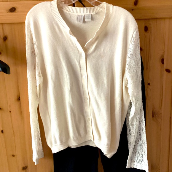 Clifford & Wills Sweaters - VINTAGE CARDIGAN Clifford & Willis  IVORY   Lace Sleeves Sz M/L IMO